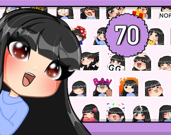 Paquete de 70 gestos de Twitch Girl Chibi (mujer Elisa FRINGE: cabello negro / ojos marrones / piel pálida) para Discord con Bangs