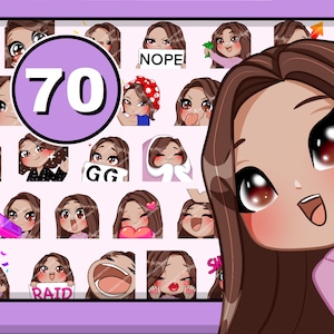 70pcs Chibi Girl Twitch emotes ( female YUKI : brown hair | brown eyes | latte skin ) bundle pack for Discord Youtube and any stream or chat