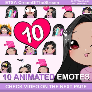 10 pcs SMOOTH Animated Emotes (CINDY: black hair | brown eyes | latte skin) perfect for your stream on Twitch or Discord chat