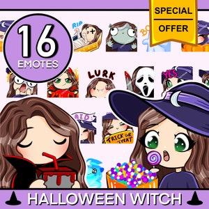 May include: A set of 16 Halloween-themed Twitch emotes featuring a witch character in various poses. The emotes include "RIP", "Lurk", "AID", "Trick or Treat", "Yes", and more. The text "16 Emotes" and "Halloween Witch" are also included in the image.