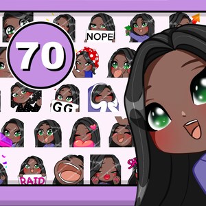 Emotes P2U chibi girl 70 pcs (ASIE : cheveux noirs | yeux émeraude | peau moka)