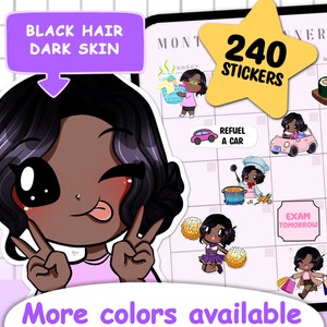 240 peças adesivos personalizáveis do planejador digital Goodnotes Mega Pack (melodia | cabelo preto | pele escura) adesivos personalizados Xodo Notability Onenote