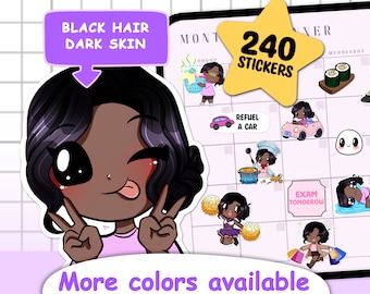 240pcs Customisable Digital planner Goodnotes stickers Mega Pack ( Melody | Black hair | Dark skin ) Xodo Notability Onenote custom stickers