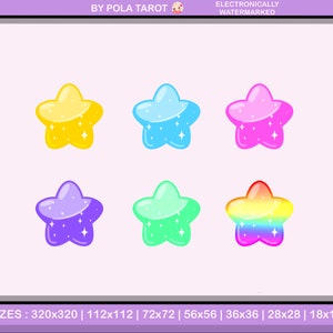 May include: Six sparkling star stickers in different colors: yellow, blue, pink, purple, green, and rainbow. The stars are all the same shape and size, with a glossy finish and glitter accents.