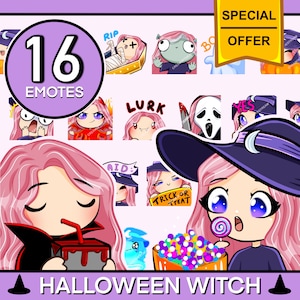 May include: A set of 16 Halloween-themed Twitch emotes featuring a pink-haired witch in various poses and expressions. The emotes include a witch with a lollipop, a witch with a cauldron, a witch with a broom, and a witch with a pumpkin. The emotes are designed in a cute and cartoony style.