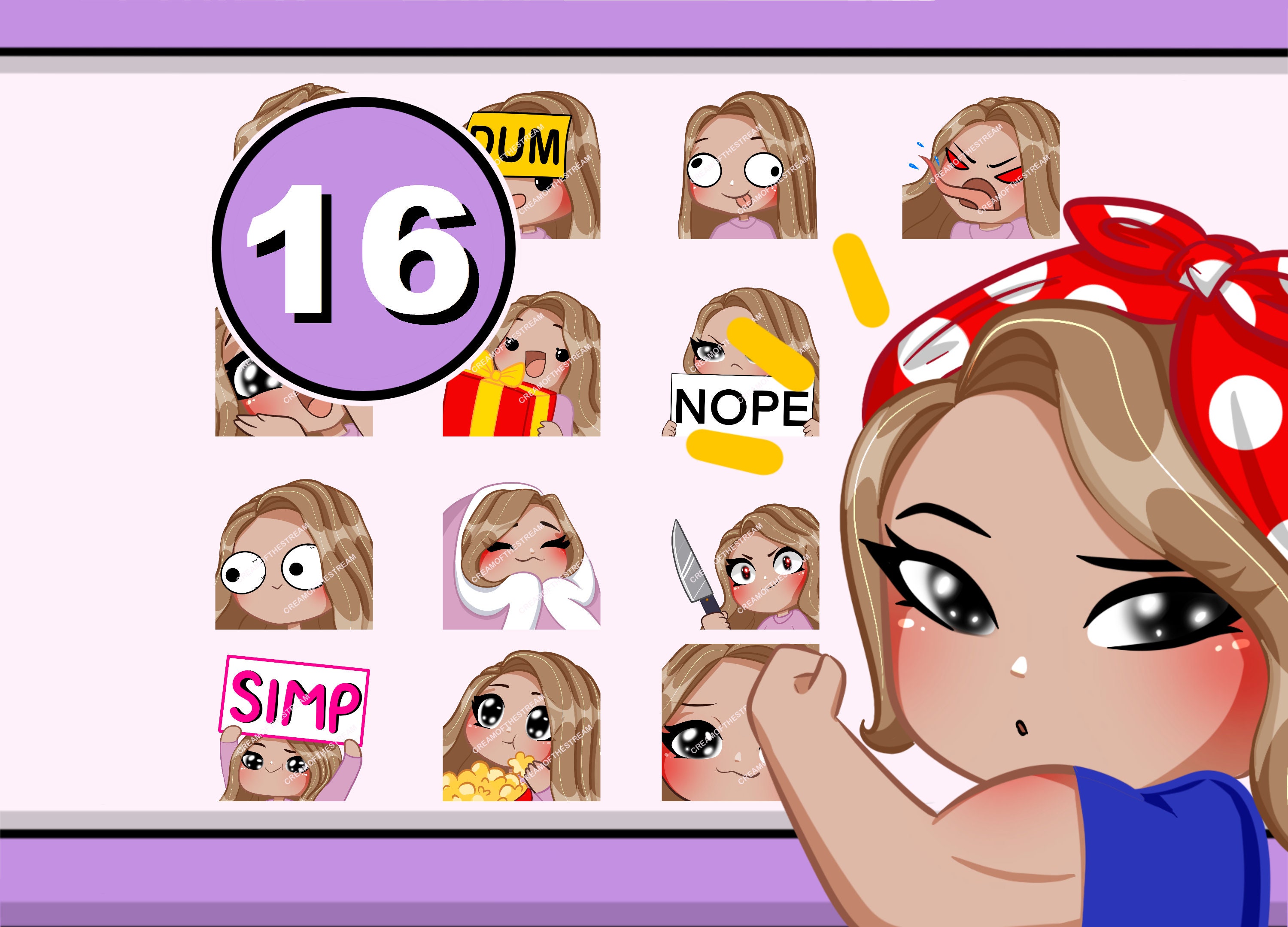 Streamer emote Twitch 16pcs pack ( girl EVA: light brown hair | black eyes | latte skin )