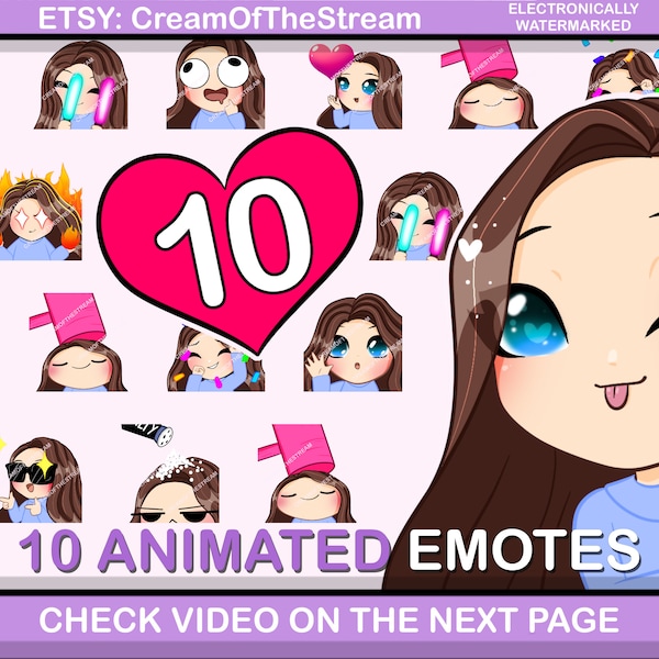 10pcs Smooth ANIMATED emotes ( girl Maria: brown hair | blue eyes | pale skin) for Twitch or Discord etc.