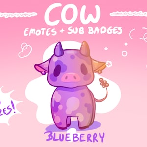CUTE BLUEBERRY COW Emotes x Sub Twitch Badges | Twitch Graphics | Kawaii | Pink | Chibi Discord emote emoji