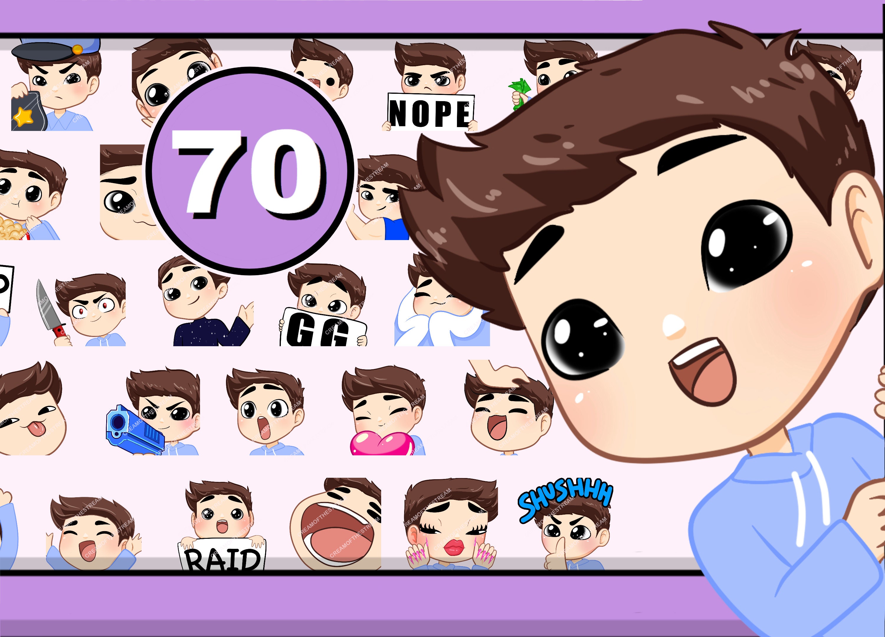Twitch emote 70pcs Boy emotes ( BEN: brown hair | black eyes | pale skin )
