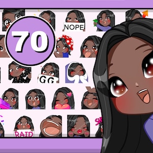 70 個の Chibi Girl Twitch エモート (女性 NICOLE: 黒髪 | 茶色の目 | モカ肌) Discord Youtube およびあらゆるストリームやチャット用のバンドル パック