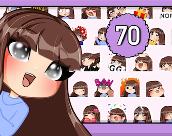 70 個の Chibi Girl Twitch エモート (女性 MISTY FRINGE: 茶色の髪 | 灰色の目 | 青白い肌) Discord YT 用バンドル パック (前髪付き)