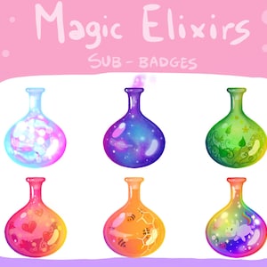 May include: Six colorful glass bottles with different designs inside, labeled "Magic Elixirs Sub-Badges".