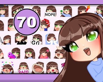 70 個の Chibi Girl Twitch エモート (Tracy FRINGE | 茶色の髪 | 緑の目 | 青白い肌) バンドル パック、Discord YT 用、前髪付き