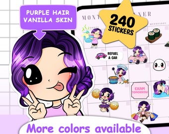 Customisable 240pcs Digital planner Journal stickers Mega Pack ( Nell | Purple hair | Vanilla skin ) Affirmation Goodnotes stickers planner