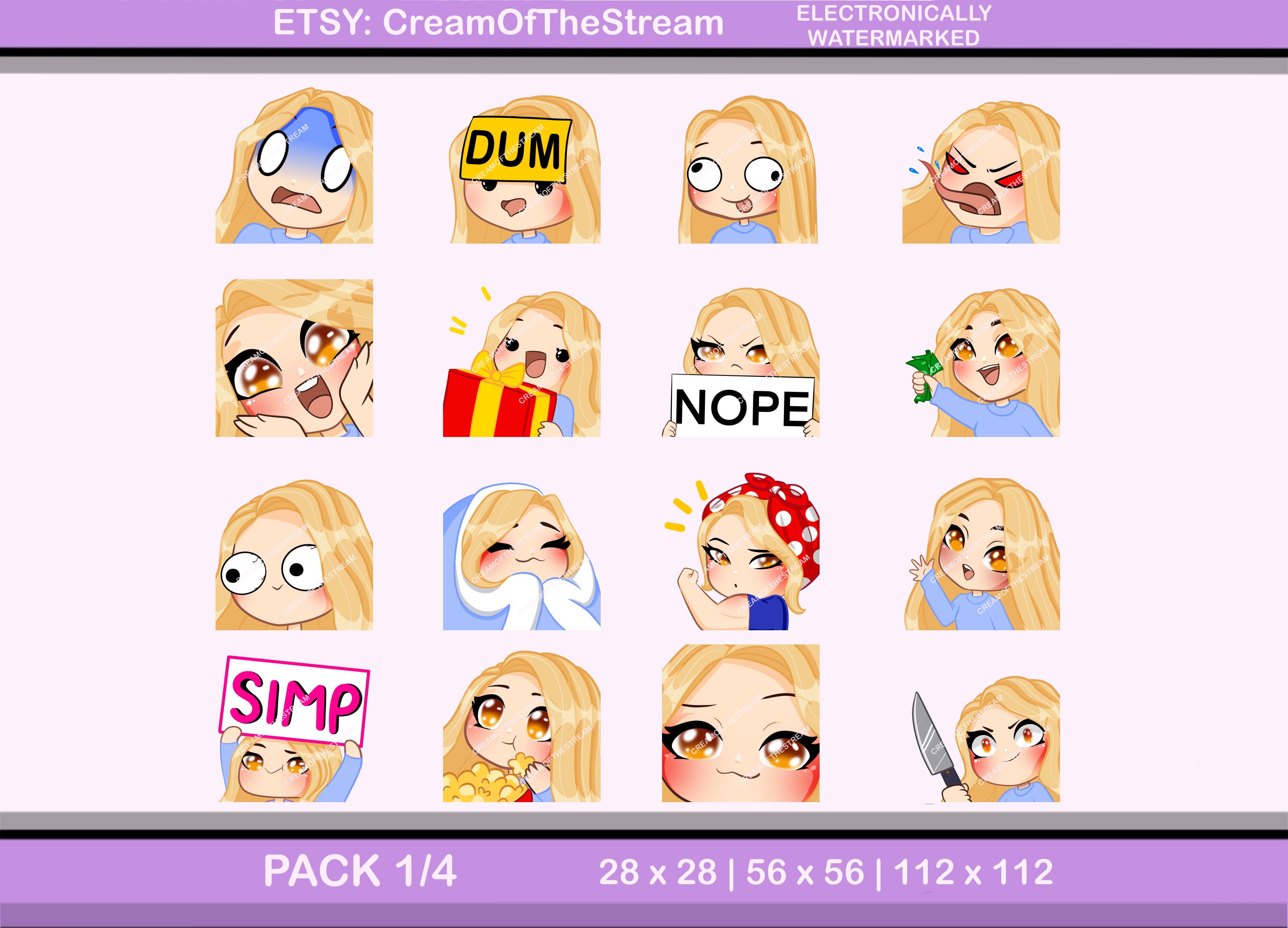 Twitch Emojis 16pcs Girl OLGA Blond Hair Honey Eyes Etsy