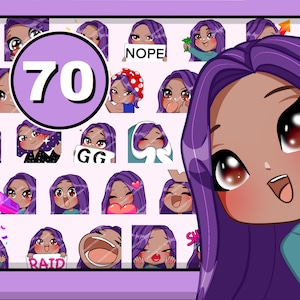 70 Stück Chibi Girl Twitch Emotes (weiblich Paula: lila Haare | braune Augen | hellbraune Haut ) süße kawaii Pack für Discord Youtube und einen beliebigen Stream