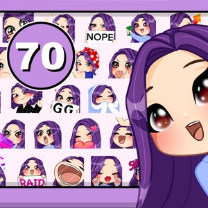 70pcs Chibi Girl Twitch emotes (female Clio : purple hair | brown eyes | pale skin ) bundle pack for Discord Youtube and any stream or chat