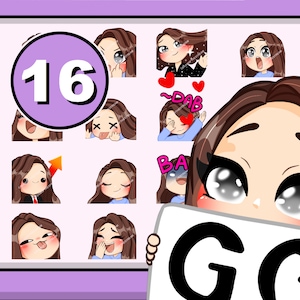 Twitch emot Chibi Girl Emotes 16pcs ( MISTY : brown hair | grey eyes | pale skin )