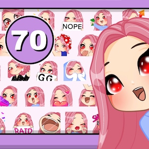 70pcs Chibi Girl Twitch emotes (female CLAIRE : pink hair | red eyes | pale skin ) cute girl pack for Discord Youtube and any stream or chat