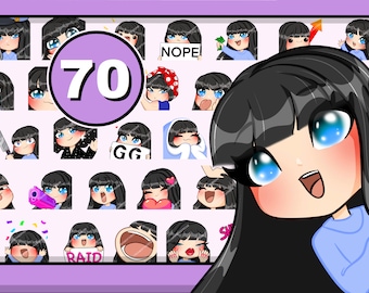 70pcs Chibi Girl Twitch emotes ( Iris FRINGE / Cabello negro / Ojos azules / Piel pálida ) Paquete para Discord con Bangs