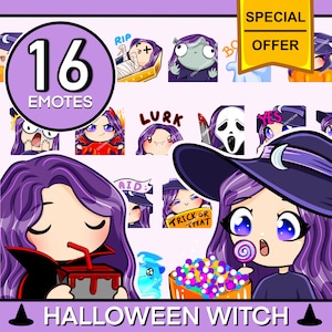 May include: A set of 16 Halloween-themed Twitch emotes featuring a purple-haired witch in various poses. The emotes include "RIP", "Lurk", "AID", "Trick or Treat", "Yes", and more. The emotes are designed in a cute, cartoon style.