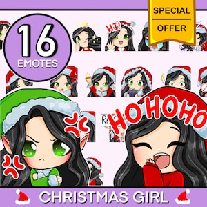 Xmas emote Digital download ( Rachel | Black hair | Green eyes | Pale skin) Discord stickers | Discord server | Discord emojis | Vtuber
