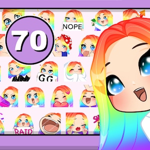 Puede incluir: Una colección de 70 pegatinas de dibujos animados con una chica de pelo arcoíris y ojos azules. Las pegatinas muestran varias expresiones y sostienen carteles con texto como "NOPE" y "GG". La cara de la chica también se muestra en la esquina.