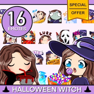 May include: A set of 16 Halloween-themed Twitch emotes featuring a witch character in various poses and expressions. The emotes include a witch with a cauldron, a witch with a broom, a witch with a cat, and a witch with a pumpkin. The emotes are designed in a cute and cartoonish style.