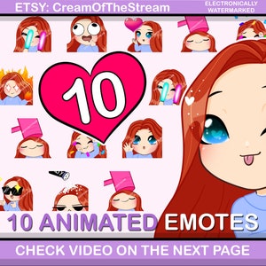 Puede incluir: Un conjunto de 10 emoticonos animados que presentan a una niña de dibujos animados con cabello rojo y ojos azules. Los emoticonos están en varias poses y expresiones, incluyendo guiñar un ojo, sacar la lengua y usar gafas de sol. El texto "10 ANIMATED EMOTES" se muestra en la parte inferior de la imagen.