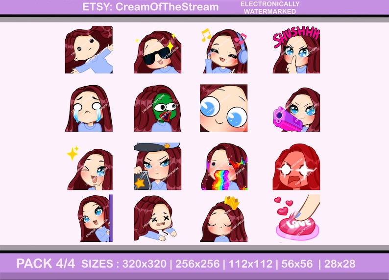 Discord Emojis Emotes Twitch 70pcs Megan Maroon Hair Blue Eyes Pale