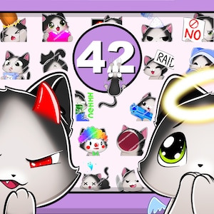 42 個の白黒猫エモート メガパック | かわいいチビ子猫、ふわふわのペット、かわいい子猫、黒猫、素敵、良い、Discord、Twitch、YouTube、ビッグバンドル、ソフト