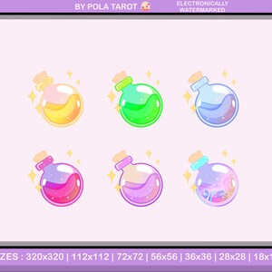 May include: Six colorful potion bottles with glitter and swirls inside. The bottles are in a row of three, with each bottle having a different color. The colors are yellow, green, blue, pink, purple, and a swirling mix of purple, pink, and blue.