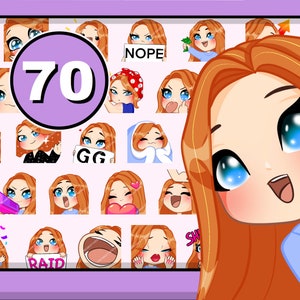 Chibi Girl Emotes Twitch emote pack 70pcs ( GISELLA : ginger hair | blue eyes | pale skin )