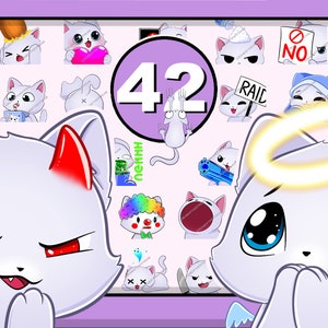 42 WHITE CAT Emotes Mega Pack | cute chibi kitten furry pet sweet kitty black cats nice good discord twitch youtube big bundle soft