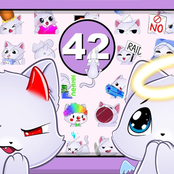 42 WHITE CAT Emotes Mega Pack | cute chibi kitten furry pet sweet kitty black cats nice good discord twitch youtube big bundle soft