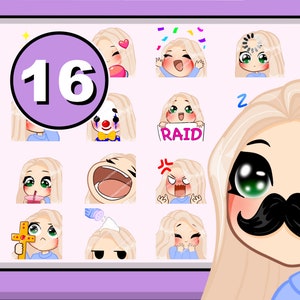 Twitch emot 16pcs Chibi Girl emotes ( MYA : light blond hair | emerald eyes | pale skin )
