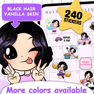 Adesivos personalizáveis 240pcs planejador digital Goodnotes Mega Pack (Elisa | Cabelo preto | Pele de baunilha) Adesivos Onenote Xodo Notability