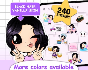 Customizable 240pcs Digital planner Goodnotes stickers Mega Pack ( Elisa | Black hair | Vanilla skin ) Onenote Xodo Notability stickers