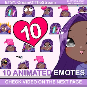10pcs pack ANIMATED girls emotes ( girl Gia : purple hair | grey eyes | mocha skin) perfect for Twitch, Discord Kick anime kawaii dark black