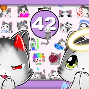 42 GREY-WHITE CAT Emotes Mega Pack |cute chibi kitten furry pet angel sweet kitty grey cats nice good discord twitch youtube big bundle soft