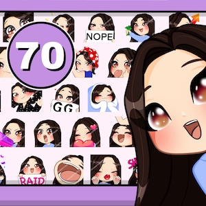 70pcs Chibi Girl Twitch emotes ( female FRIDA : dark brown hair | hazel eyes | pale skin ) bundle pack for Discord Youtube and any stream