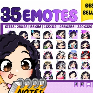 Wavy hair Twitch emotes Chibi girl ( black curly hair, vanilla skin, brown eyes ) pack #101