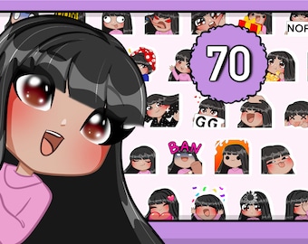 Paquete de 70 emoticones de Twitch de Chibi Girl (Cindy FRINGE femenina: cabello negro/ojos marrones/piel color café con leche) para Discord YT con flequillo