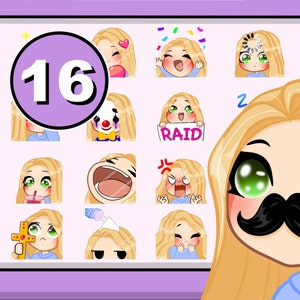 Twitch emot Chibi Girl Emotes 16pcs ( CRYSTAL : blond hair | green eyes | pale skin )