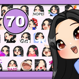 Twitch emotes pack Chibi Girl 70pcs ( girl ELISA: black hair | brown eyes | pale skin )