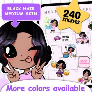 Planner digital personalizável 240 unidades Adesivos Goodnotes Mega Pack (Olivia | Cabelo preto | Pele média) Xodo | Notabilidade | Adesivos Onenote
