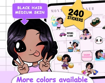 Customisable 240pcs Digital planner Goodnotes stickers Mega Pack ( Olivia | Black hair | Medium skin ) Xodo | Notability | Onenote stickers