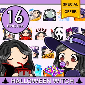 Twitch Halloween Emotes Cute Chibi Witch Emotes For Streamer Custom Kawaii Emote Pack  ( girl ELISA : black hair | brown eyes | pale skin )