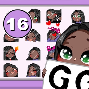 Pack d&#39;émoticônes Twitch, 16 émoticônes Chibi Girl (fille ASIE : cheveux noirs | yeux émeraude | peau moka)