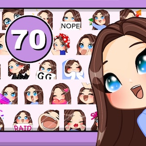 70pcs Chibi Girl Twitch emotes ( female MARIA : brown hair | blue eyes | pale skin ) bundle pack for Discord Youtube and any stream or chat
